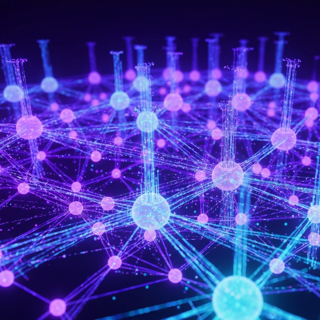 Abstract visualization of AI neural network with glowing connections and data flows